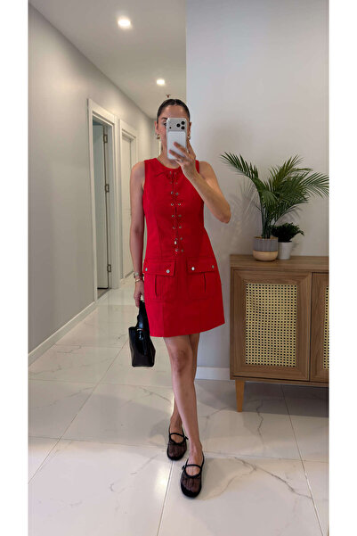 BİRCANÇİL Vones Red Cover Pocket Detailed Sleeveless Dress