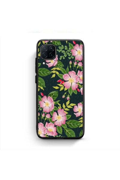 Other Huawei P40 Lite Pink flowers green laves Black Glossy Θήκη