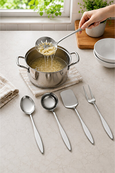 srç mutfak 5 Parça Çelik Servis Seti Kepçe Kevgir Kaşık Çatal Pasta Spatulası...