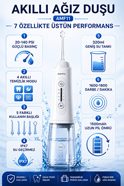 Merwish Akıllı Ağız Duşu 20-140 PSI Şarjlı Diş Duşu IPX7 Su Geçirmez 320ml 4 ...