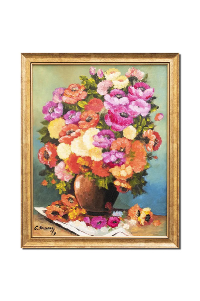 artnova Tablou pictat manual inramat, Vaza cu crizanteme si maci, 55x45cm ule...