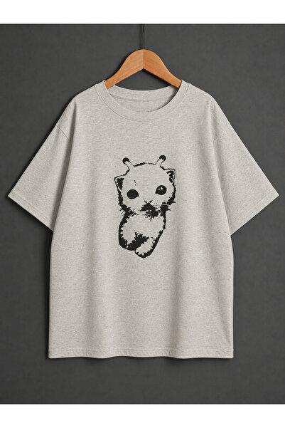 ZİYMO Unisex Y2K Alien Cat Printed Oversized T-Shirt