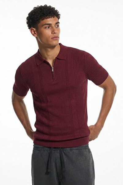 Maccali Men's Regular Striped Claret Red Short Sleeve Polo Collar t Shirt