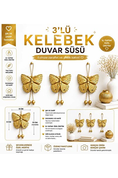 alcdesing 3lü altın rengi kelebek tasarım ipli duvar süsü