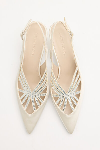 LUTVELIZADE Heeled Shoes 2631 - Pointed Toe Stone Embellished Beige Satin Wom...