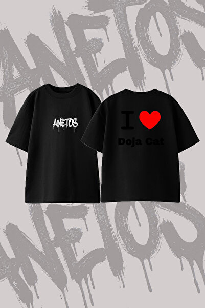 Anetos تي شيرت Doja Cat_10 ذو تصميم مطبوع وياقة دائرية كبيرة الحجم باللون الأسود