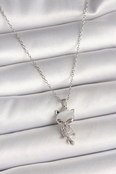 ARMÜZ 316L Steel Silver Color Chain Zircon Stone Cat Model Women's Necklace