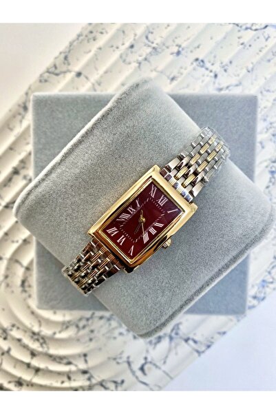 Mazzy Carten Vintage Rectangular Gold Silver Claret Red Dial Women Wrist Watch