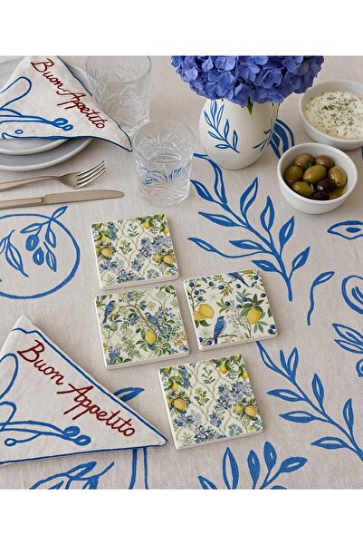 Yıldızan Lemon and Bird Patterned Natural Stone Coasters Set of 4, Summer Col...