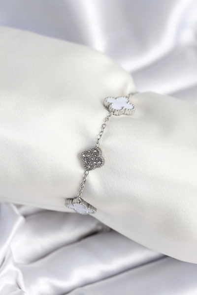 ARMÜZ 316L Steel Chain Silver Color Zircon Stone Clover White Women's Bracelet