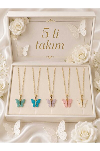 Yağmur Women's and Girls' Butterfly Necklace Set of 5 in Blue, White, Pink, G...