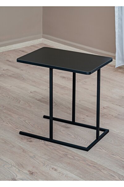 Vovikon Metal Ayaklı Siyah Ahşap Tablalı Çok Amaçlı C Yan Sehpa 50 x 35 cm
