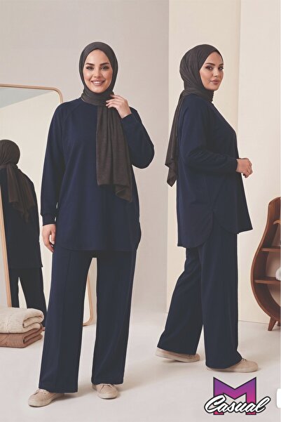 Kadın Çimalı Geniş Paça Pantolonlu İki İplik Örme İkili Takım - Rahat Kesim Tesettür Sweatshirt Pantolon Kombini