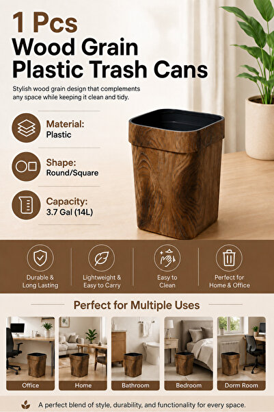 Baytix HOME Pack of 2 Wood Grain Plastic Trash Cans, Durable Plastic Garbage ...