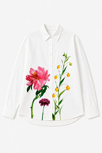 Jose Clothing White Hand-Painted Floral Pattern Oversize Long Sleeve Shirt