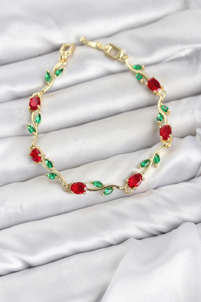 ARMÜZ Brass Gold Color Red Zircon Stone Flower Model Women's Bracelet