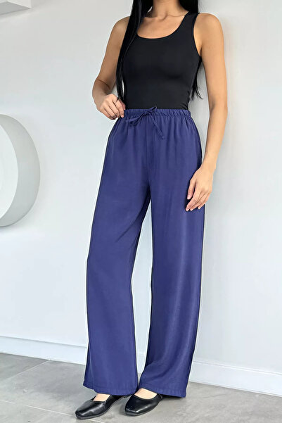 Aryena Navy Blue Women's Elastic Waist Tencel Fabric Trousers