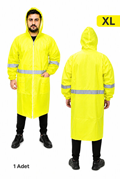 Badem10 (1 Adet) Neon Reflektörlü XL Beden Fermuarlı Uzun Pardesü Yağmurluk Y...