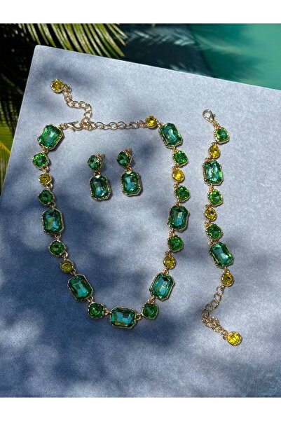 LioraJewellry Gold Detaylı Yeşil Taşlı Kolye-Bileklik-Küpe Set