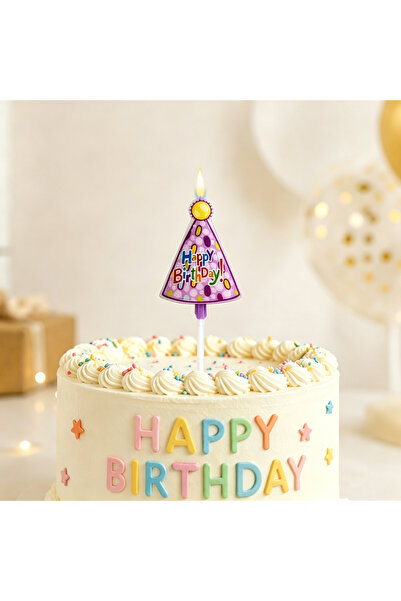 Re Purple party hat shaped cake candle with Happy Birthday inscription, color...