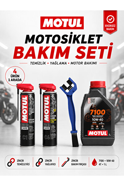Motul Motosiklet Bakım Seti 7100 10W-40 4T 1L + C1 C4 400 ml ve Zincir Fırçası