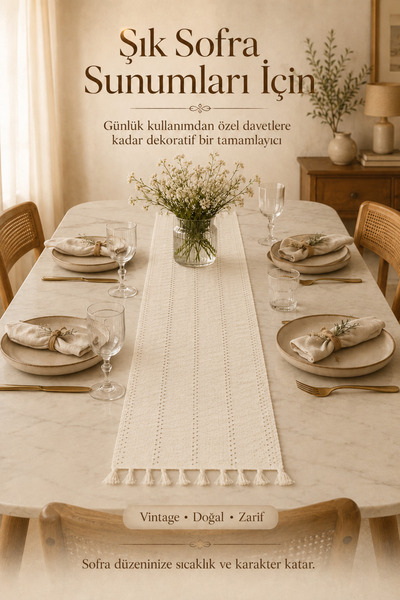 Morlay Vintage Knitted Runner with Tassels Natural Bohemian Tablecloth Decora...