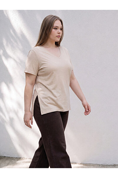 LC Waikiki Lcwaikiki Curve Beige Plus Size 100% Cotton Women's T-Shirt