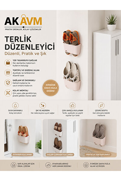 Duvara Monte Terlik Düzenleyici Askılık Çift Bölmeli Banyo Kapı Arkası Organizer