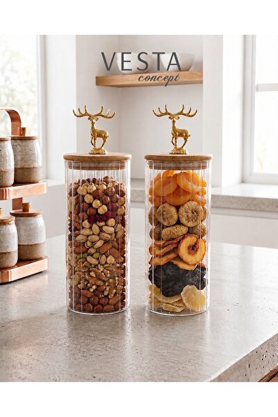 VESTA Concept Glass Jar with Deer Lid and Airtight Natural Bamboo Lid - Doubl...