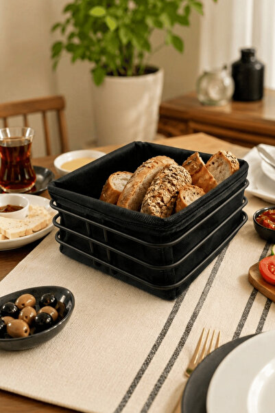 Edora Home Black Metal and Fabric Square Bread Presentation Basket, Breakfast...