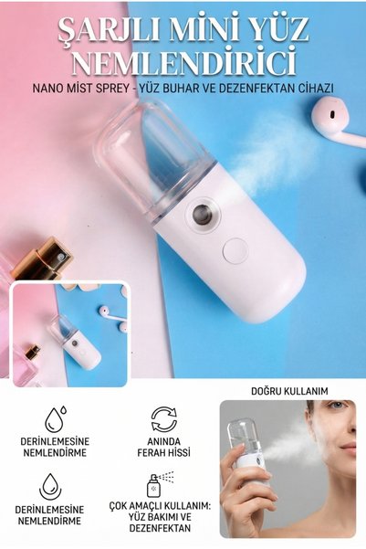 ALL FAST Şarjlı Mini Yüz Nemlendirici Nano Mist Sprey Yüz Buhar Makinesi Dezenfektan Cihazı