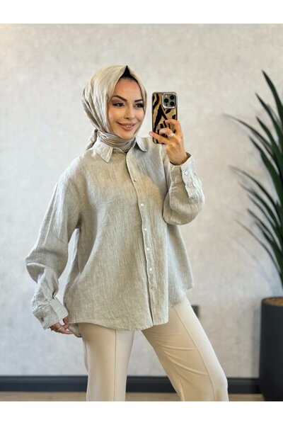 Aynaz Orfeonegro 34497 Linen Plain Shirt Beige