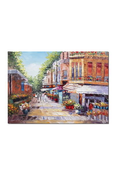artnova Tablou peisaj citadin pictat manual, Strada florilor, 70x50cm ulei in...