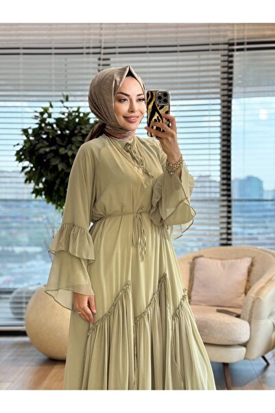 ALANURMODA 25133 فستان شيفون بأكمام وحافة مكشكشة تشاجلا