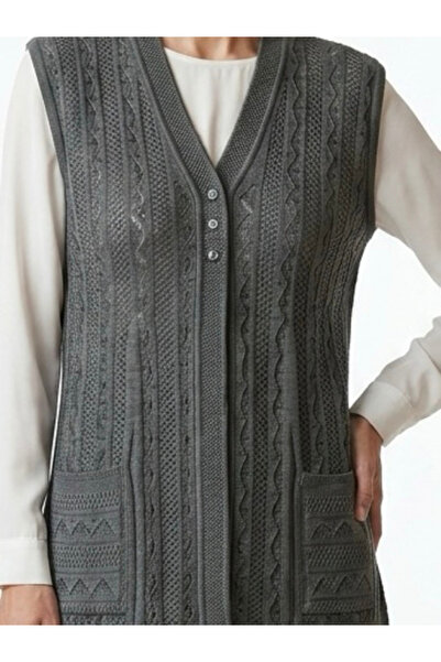 tiriTEK TRİKO Seasonal Women's Knitwear Vest with Buttons and Pockets / Smoked