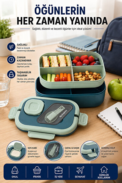 Janissary Bölmeli Beslenme Kabı Lunch Box – Çatal Kaşık ve Sos Hazneli, 4 Tar...