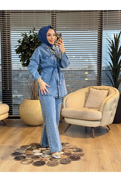ALANURMODA 7445 denim front pocket floral embroidered collar suit blue