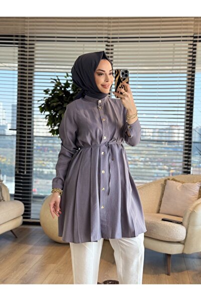 ALANURMODA 4475 Front Stitched Pleated Detailed Tunic Gray