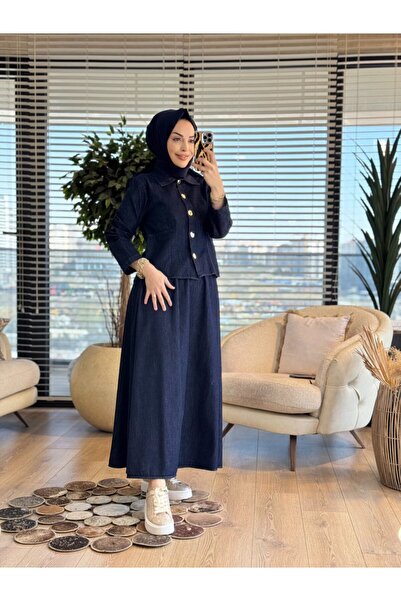 ALANURMODA 7478 Denim Suit with Gold Buttoned Front and Skirt in Dark Navy Blue