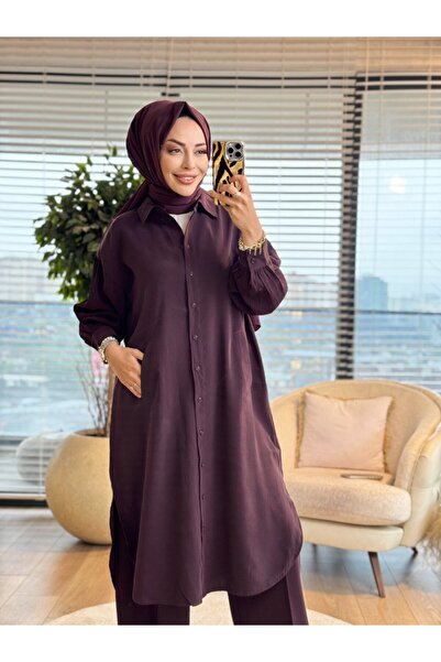 ALANURMODA 3223 قميص بأكمام مزمومة متوسط ​​الطول بلون البرقوق