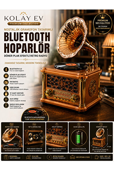 KOLAYEV Kolay Ev Nostaljik Gramofon Tasarımlı Bluetooth Hoparlör Döner Plak E...