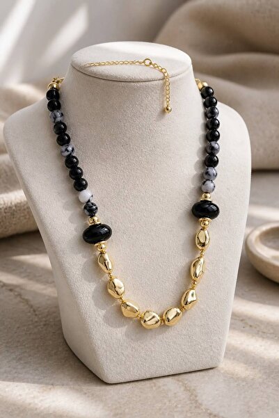 LYKOS Natural Stone Look Marbled Beaded Sculptural Necklace - Statement Chunk...