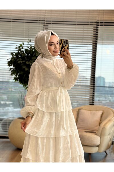 ALANURMODA 25130 Φόρεμα με πέντε στρώσεις και αυτοσχεδιασμένο σχέδιο, εκρού