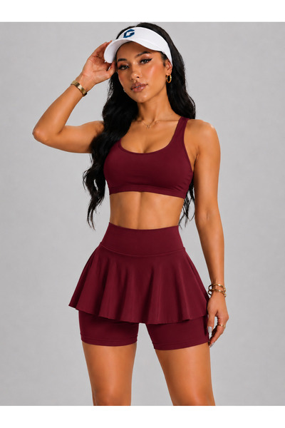 MAROVOAY Women's High Waist Inner Leggings Mini Sport Skirt-Crop 2 Piece Set