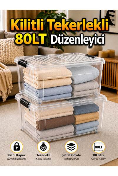 LOREMPBOX 2 Pcs. 80 Lt Transparent Storage Box with Wheels, Large Size Storag...