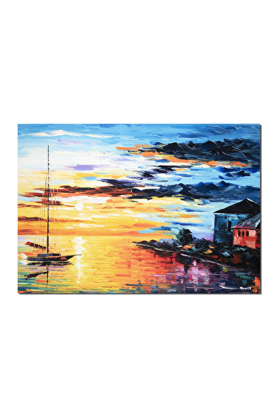 artnova Картина на залез с платноходка, ръчно рисувана, 70x50см, маслена на п...