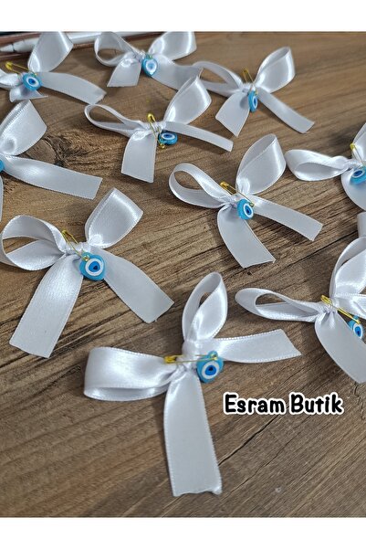 Esram Butik White Satin Evil Eye Beaded Ribbon Bow, Bundle, Dowry, Wedding, E...