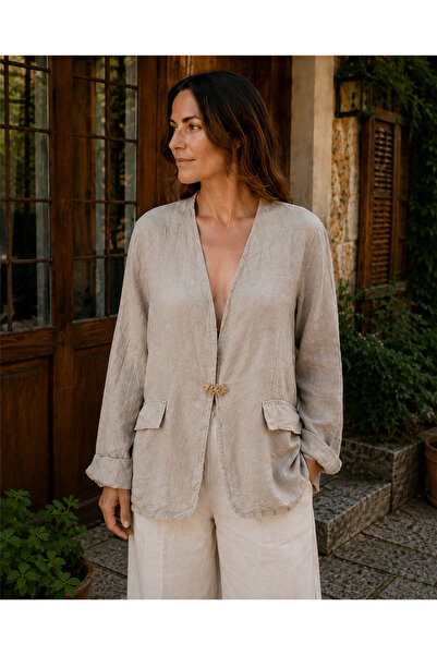 Miss Boheme Mink Color Linen Jacket with Brooch Detail