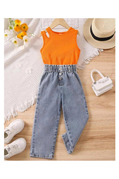 OEM Compleu fetite, tricou portocaliu, blugi lungi, 6 ani