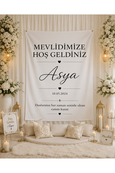 Piloji Kişiye Özel Mevlidimize Hoş Geldiniz Kumaş Duvar Örtüsü | İsimli Mevli...